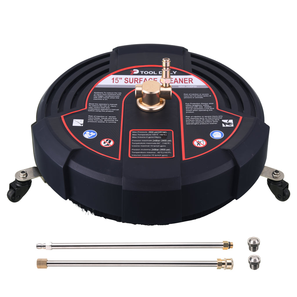 15" Premium Surface Cleaner Attachment with Wheels, 2 Wand Extensions, 2 Spare Screw Nozzles, 3,600 PSI