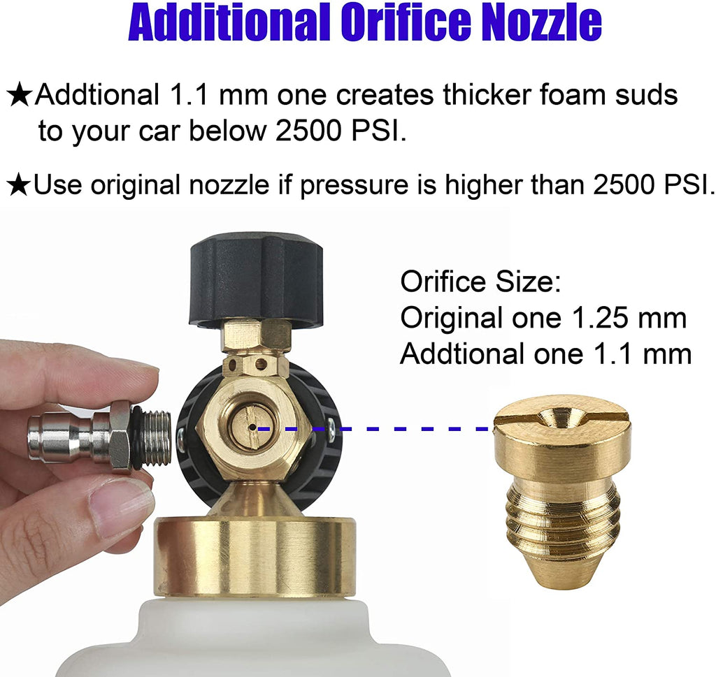 Pressure Washer Foam Cannon Orifice 1.25, Extra 1.1mm Orifice Nozzle, 1/4  QC – PWaccs
