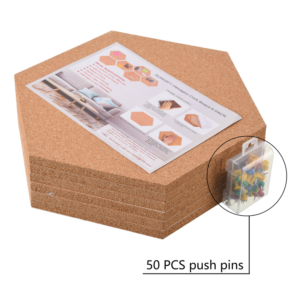 SUNGIFT Hexagon Cork Board Tiles Self Adhesive 6 Pack - 1/2" Thick Corkboards for Wall 12" x 10.2" Memo Boards Pin Board Decorative Bulletin Board for Office Home Kitchen - 50 Multi-Color Push Pins